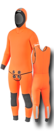 Trousers-jacket and orange rescue shell jacket